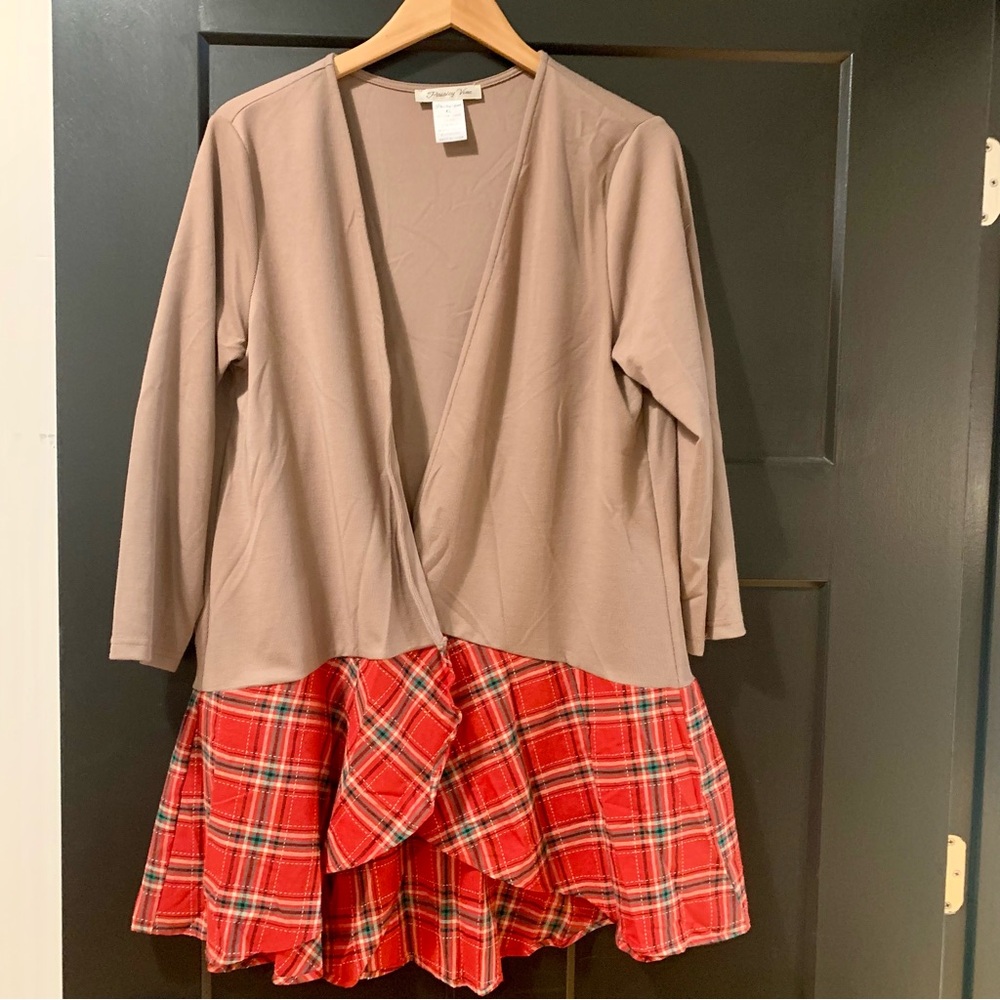 Paisley Vine Cardigan Open Front Light Taupe Brown Red Plaid Peplum Hem